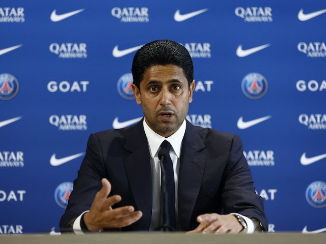 El president del Paris Saint-Germain (PSG), Nasser Al-Khelaifi, durant la conferència de premsa del 5 de juliol de 2023