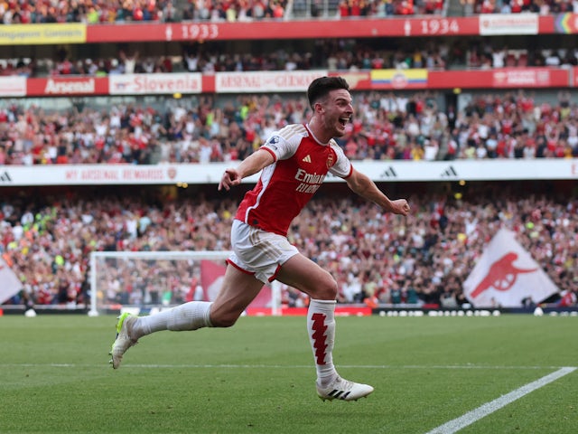 El migcampista de l'Arsenal Declan Rice celebra el gol contra el Manchester United el 3 de setembre de 2023
