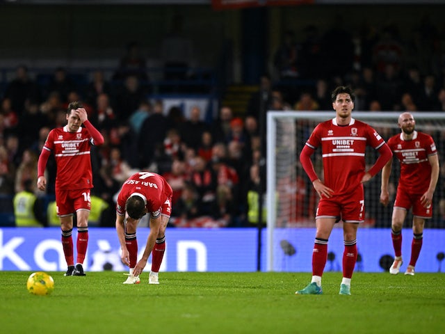 Els jugadors de Middlesbrough reaccionen després que Axel Disasi del Chelsea marqués el seu tercer gol el 23 de gener de 2024