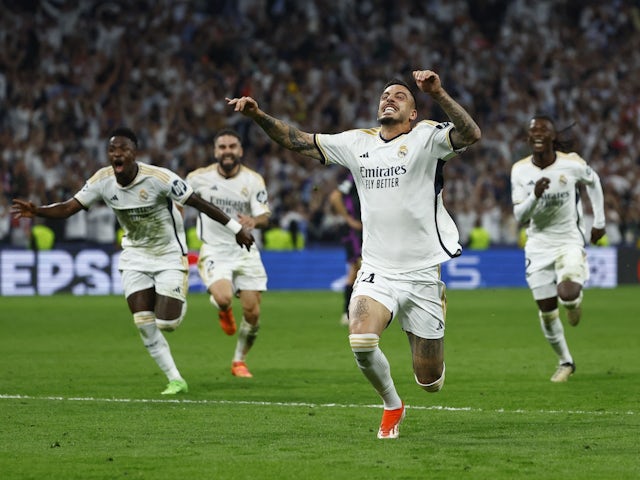 Joselu del Reial Madrid celebra el seu segon gol el 8 de maig de 2024